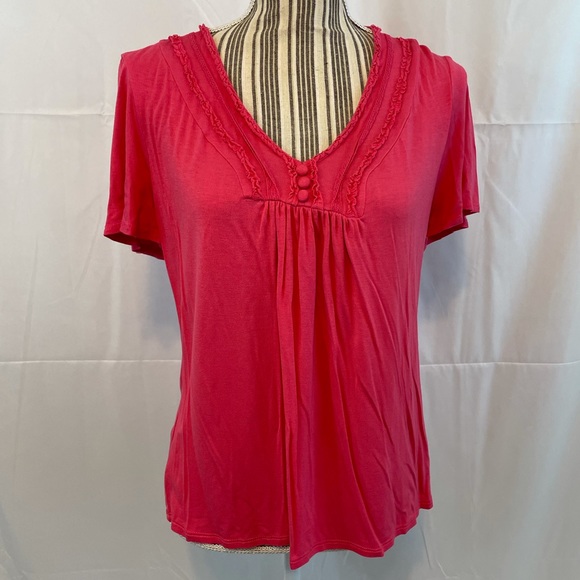 Vintage stretch short sleeve ruffle vneck blouse T-shirt top large